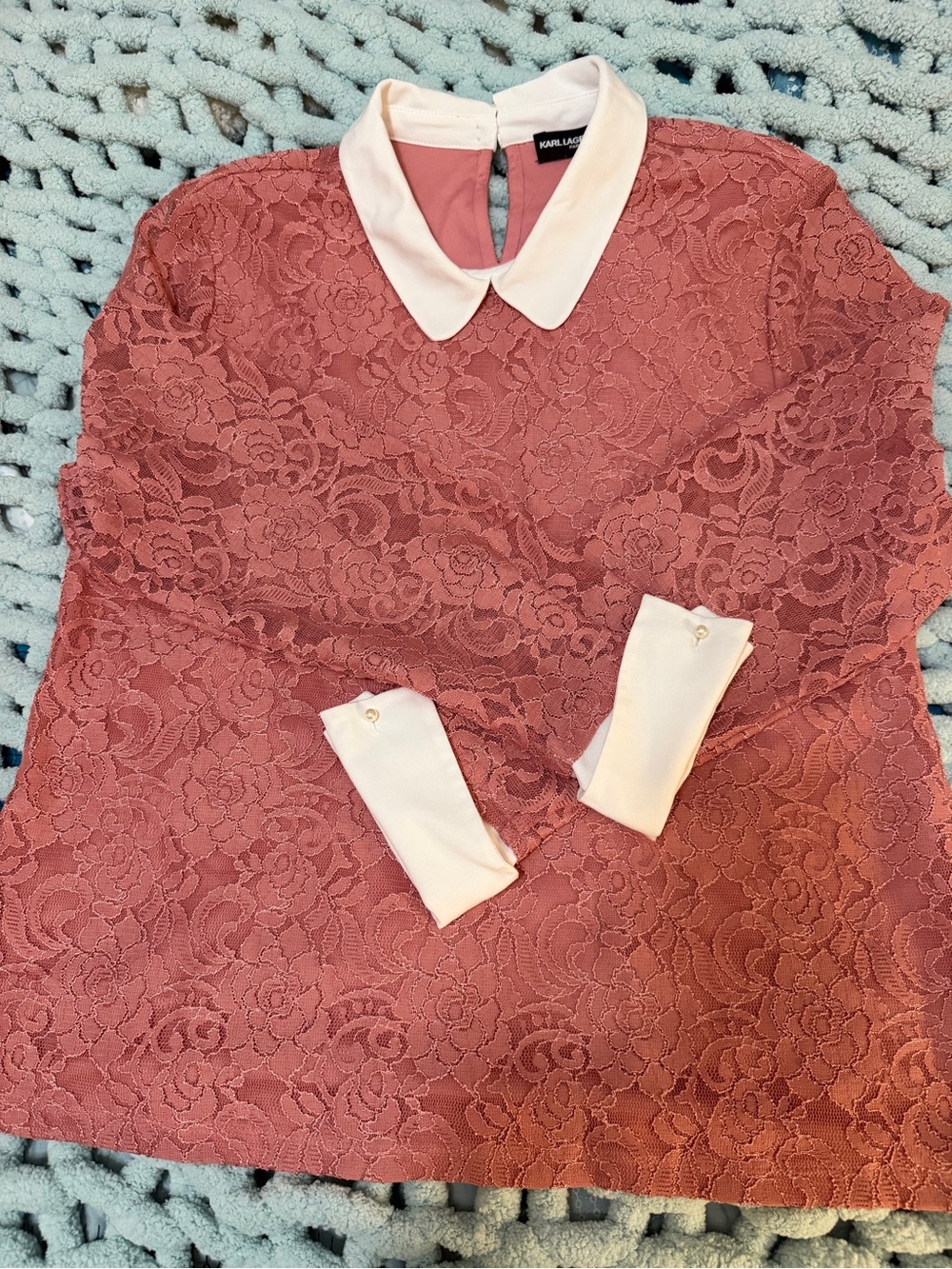 Karl Lagerfeld Dusty Rose Lace Blouse with Off White Peter Pan Collar Lg - Picture 14 of 14